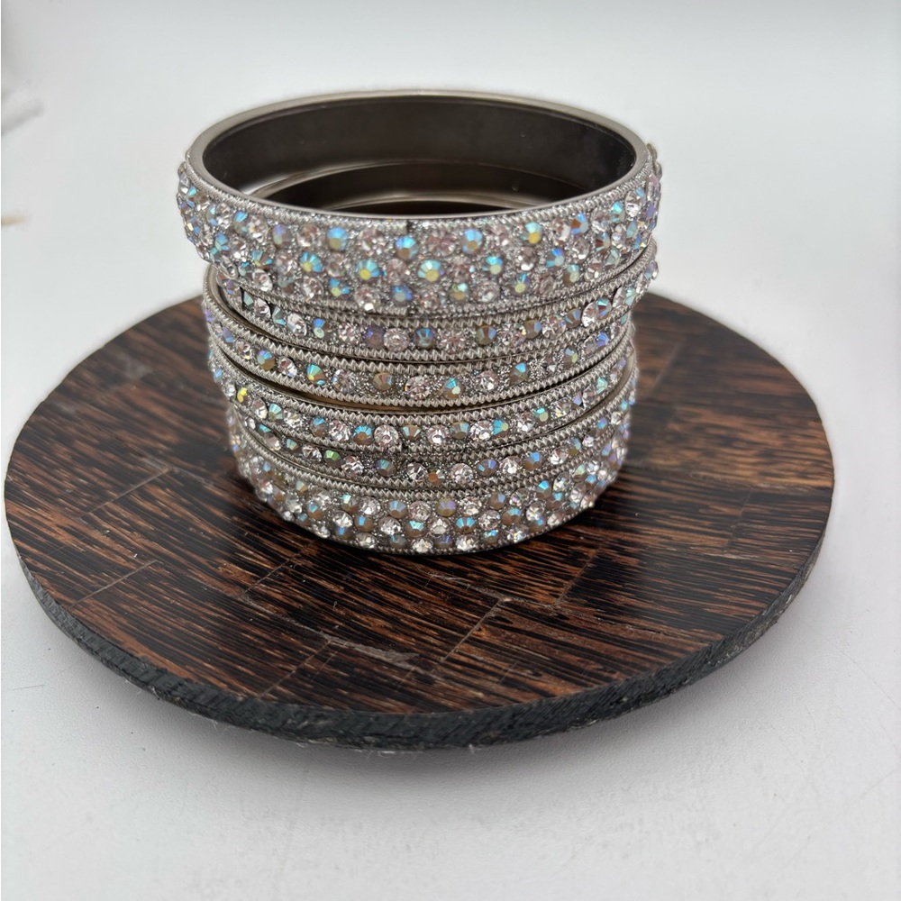 Elegant Silver Crystal Bangle Set 6pc